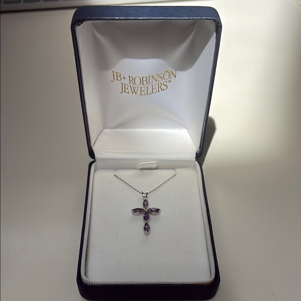 14K White Gold Amethyst and Diamond Cross Pendant Necklace